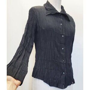Babette Womens Crinkle Black Blouse Top Shirt Long Sleeve Snap Button XS
